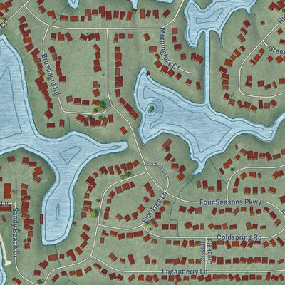 Close-up of the map of Lakes of the Four Seasons, Indiana print showing street and building detail