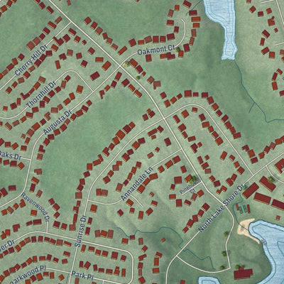 Second close-up of the map of Lakes of the Four Seasons, Indiana print showing more streets and buildings