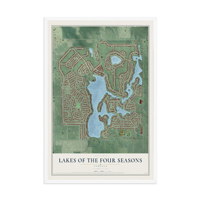 Map of Lakes of the Four Seasons, Indiana, 12 x 18 inch print in a white wood frame
