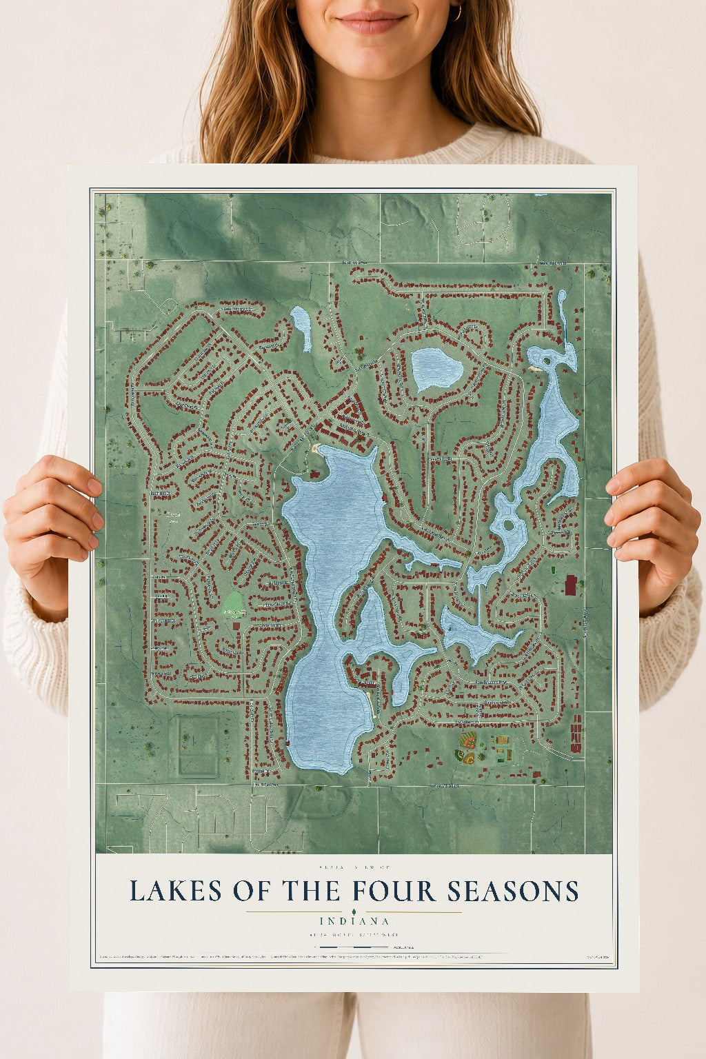 Map of Lakes of the Four Seasons, Indiana, 18 x 24 inch unframed archival matte print