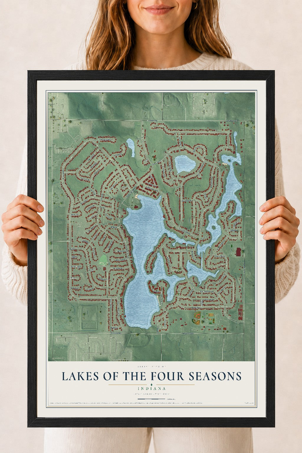 Map of Lakes of the Four Seasons, Indiana, 18 x 24 inch print in a black wood frame