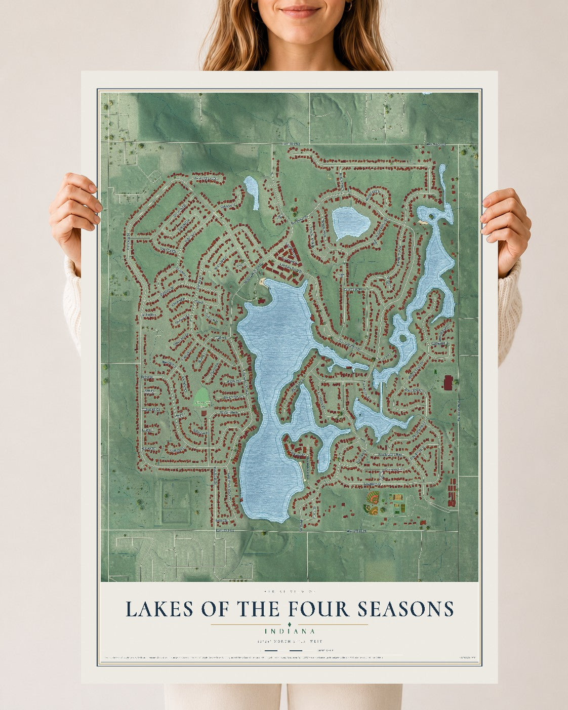 Map of Lakes of the Four Seasons, Indiana, 24 x 36 inch unframed archival matte print