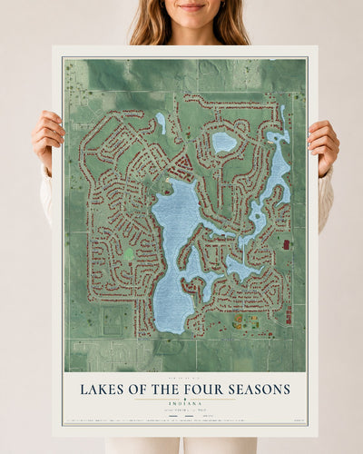 Map of Lakes of the Four Seasons, Indiana, 24 x 36 inch unframed archival matte print