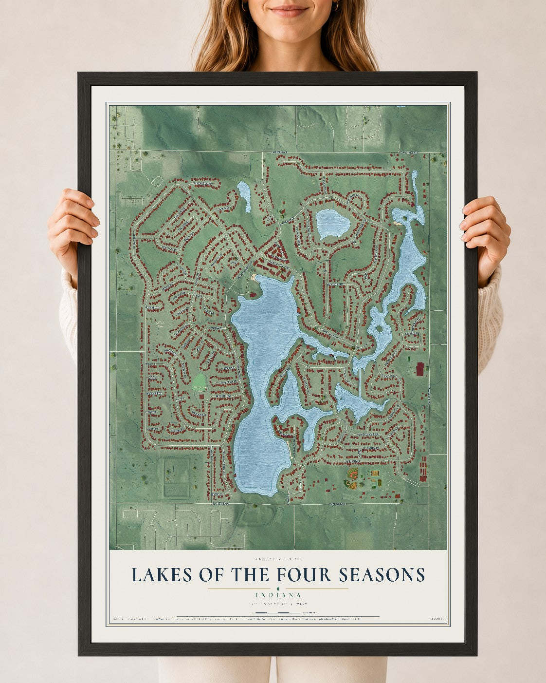 Map of Lakes of the Four Seasons, Indiana, 24 x 36 inch print in a black wood frame