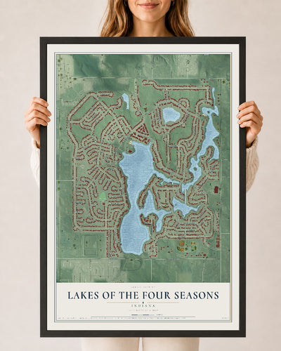 Map of Lakes of the Four Seasons, Indiana, 24 x 36 inch print in a black wood frame