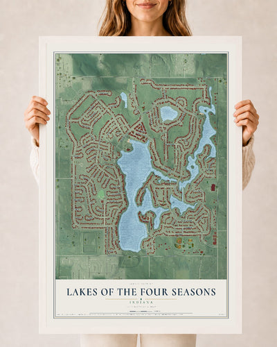 Map of Lakes of the Four Seasons, Indiana, 24 x 36 inch print in a white wood frame