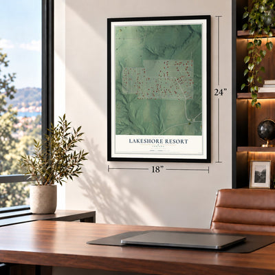 Lakeshore Resort, Indiana map, 18 x 24 inch print in a black frame in a home office
