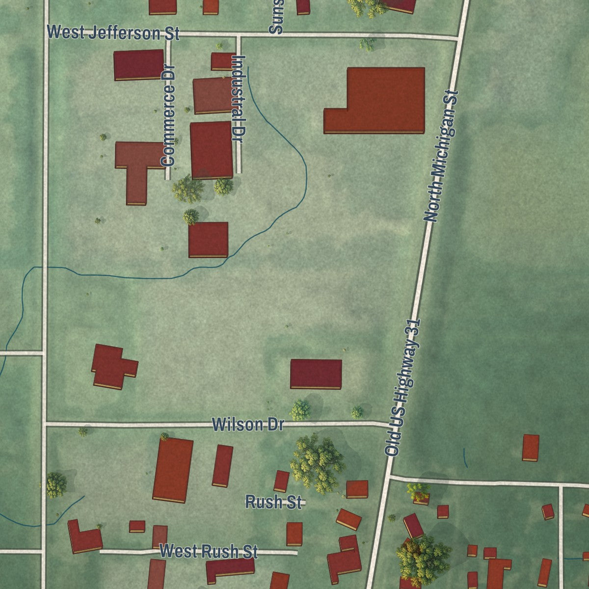 Second close-up of the map of Lakeville, Indiana print showing more streets and buildings