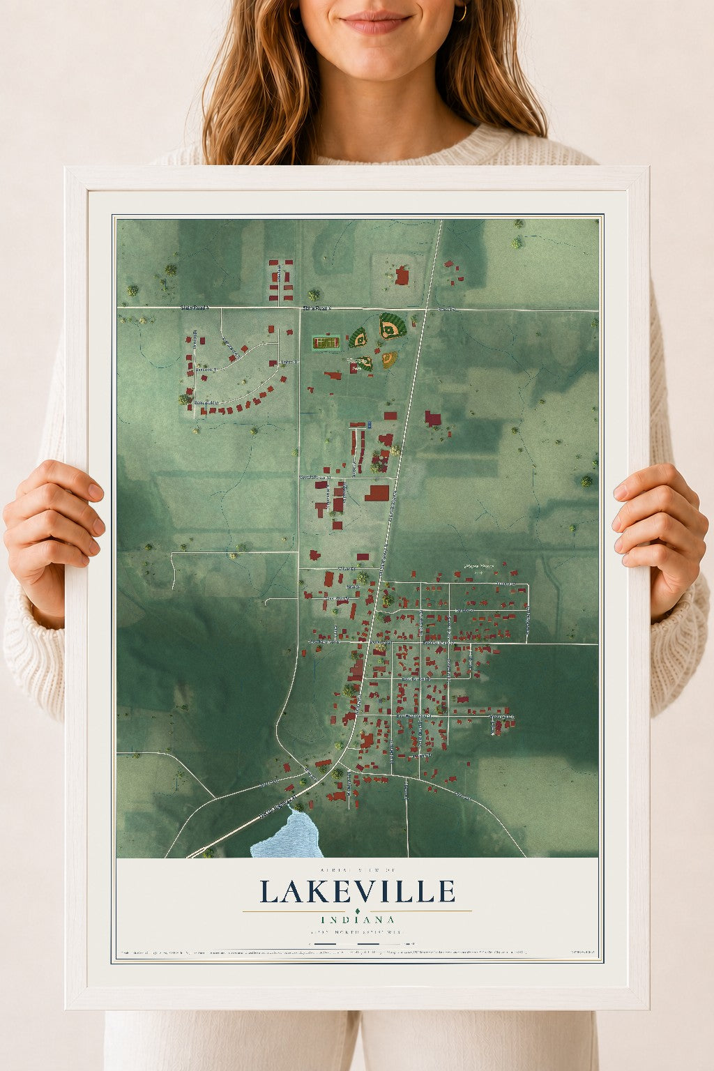 Map of Lakeville, Indiana, 18 x 24 inch print in a white wood frame