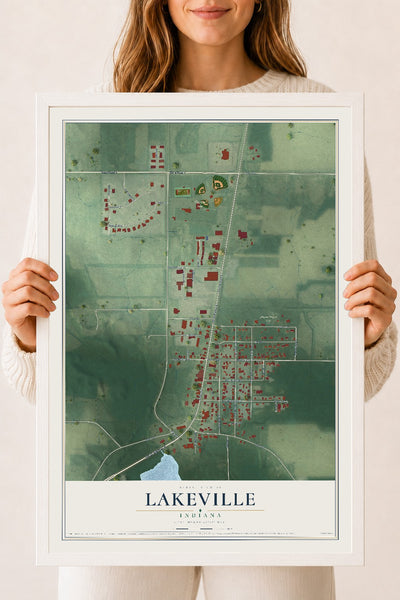 Map of Lakeville, Indiana, 18 x 24 inch print in a white wood frame
