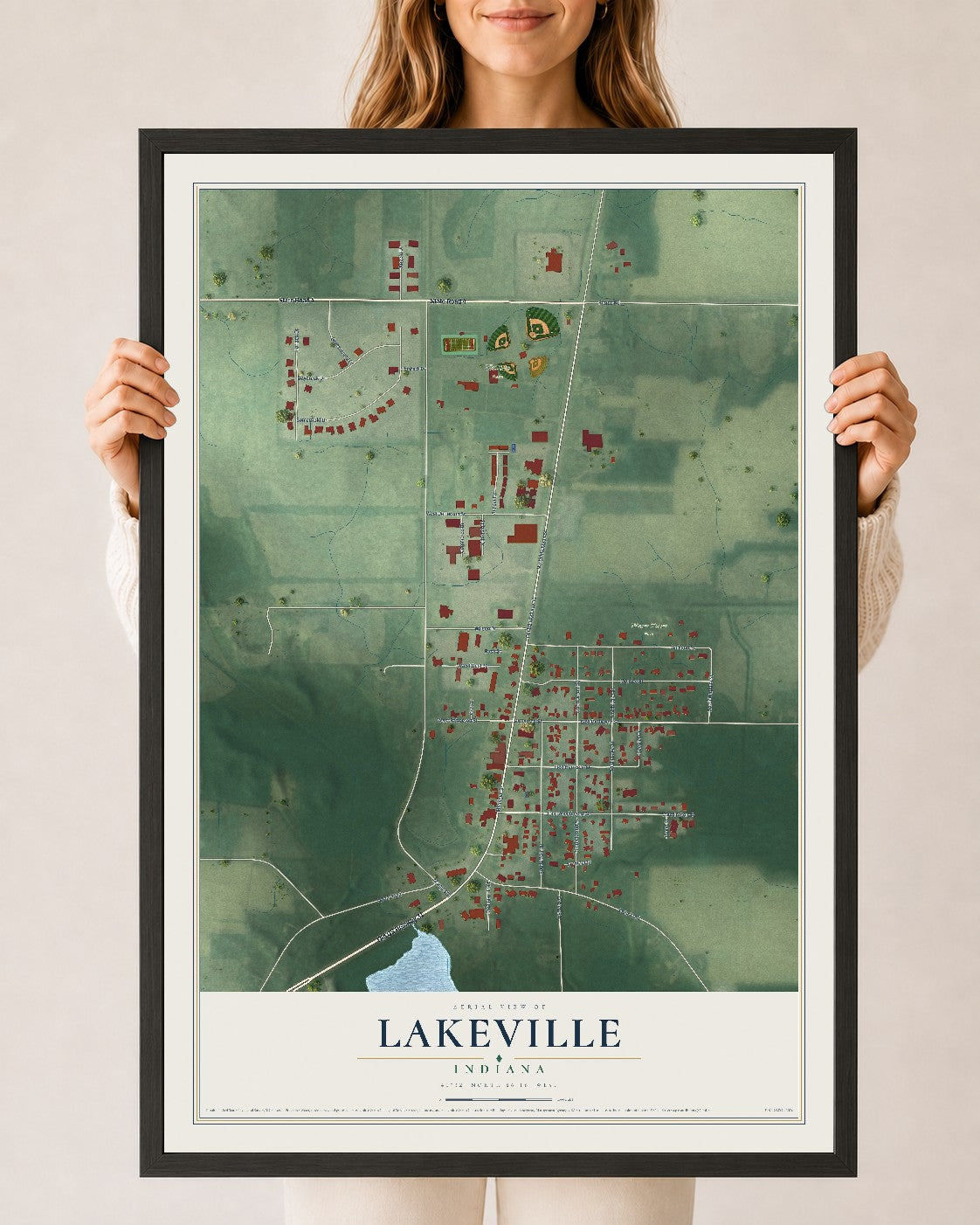 Map of Lakeville, Indiana, 24 x 36 inch print in a black wood frame