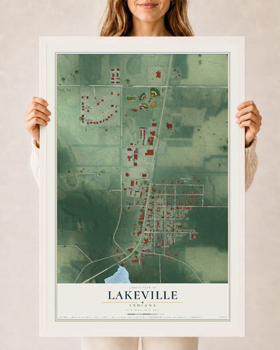 Map of Lakeville, Indiana, 24 x 36 inch print in a white wood frame