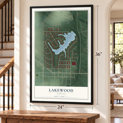 Lakewood, Indiana map, 24 x 36 inch print in a black frame by a staircase