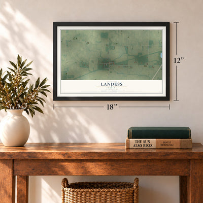 Landess, Indiana map, 12 x 18 inch print in a black frame in an entryway