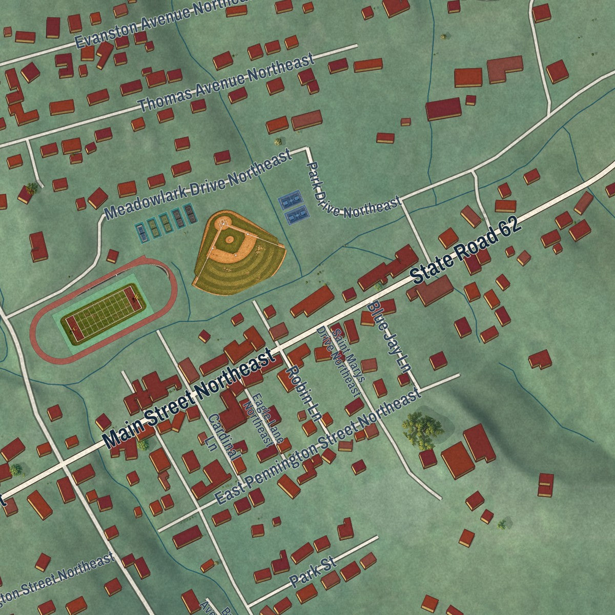 Close-up of the map of Lanesville, Indiana print showing street and building detail
