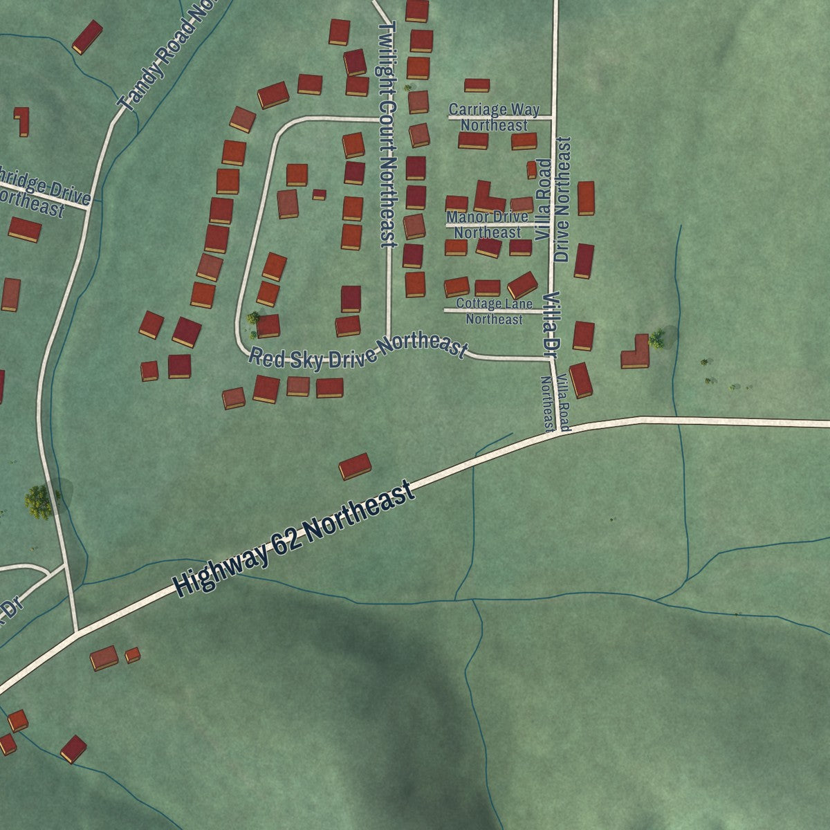 Second close-up of the map of Lanesville, Indiana print showing more streets and buildings