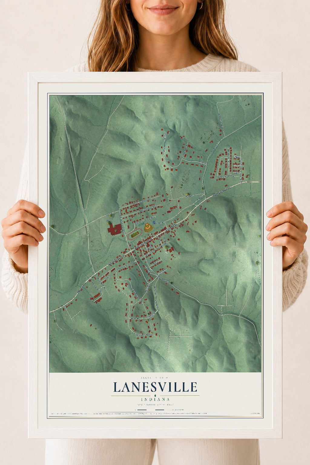 Map of Lanesville, Indiana, 18 x 24 inch print in a white wood frame