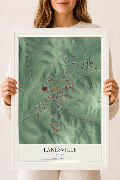 Map of Lanesville, Indiana, 18 x 24 inch print in a white wood frame