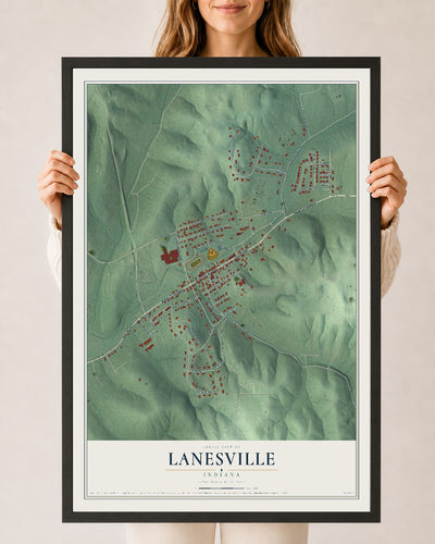 Map of Lanesville, Indiana, 24 x 36 inch print in a black wood frame