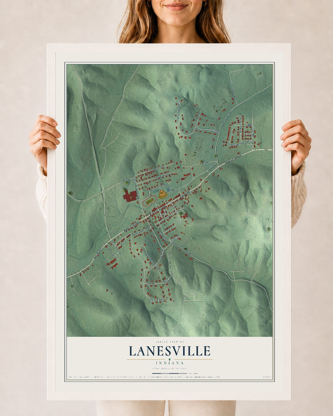 Map of Lanesville, Indiana, 24 x 36 inch print in a white wood frame