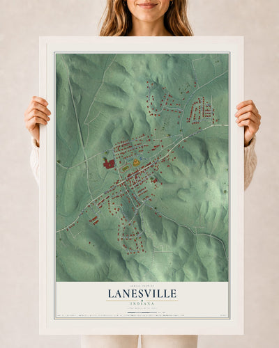 Map of Lanesville, Indiana, 24 x 36 inch print in a white wood frame