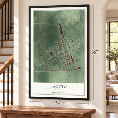 Laotto, Indiana map, 24 x 36 inch print in a black frame by a staircase