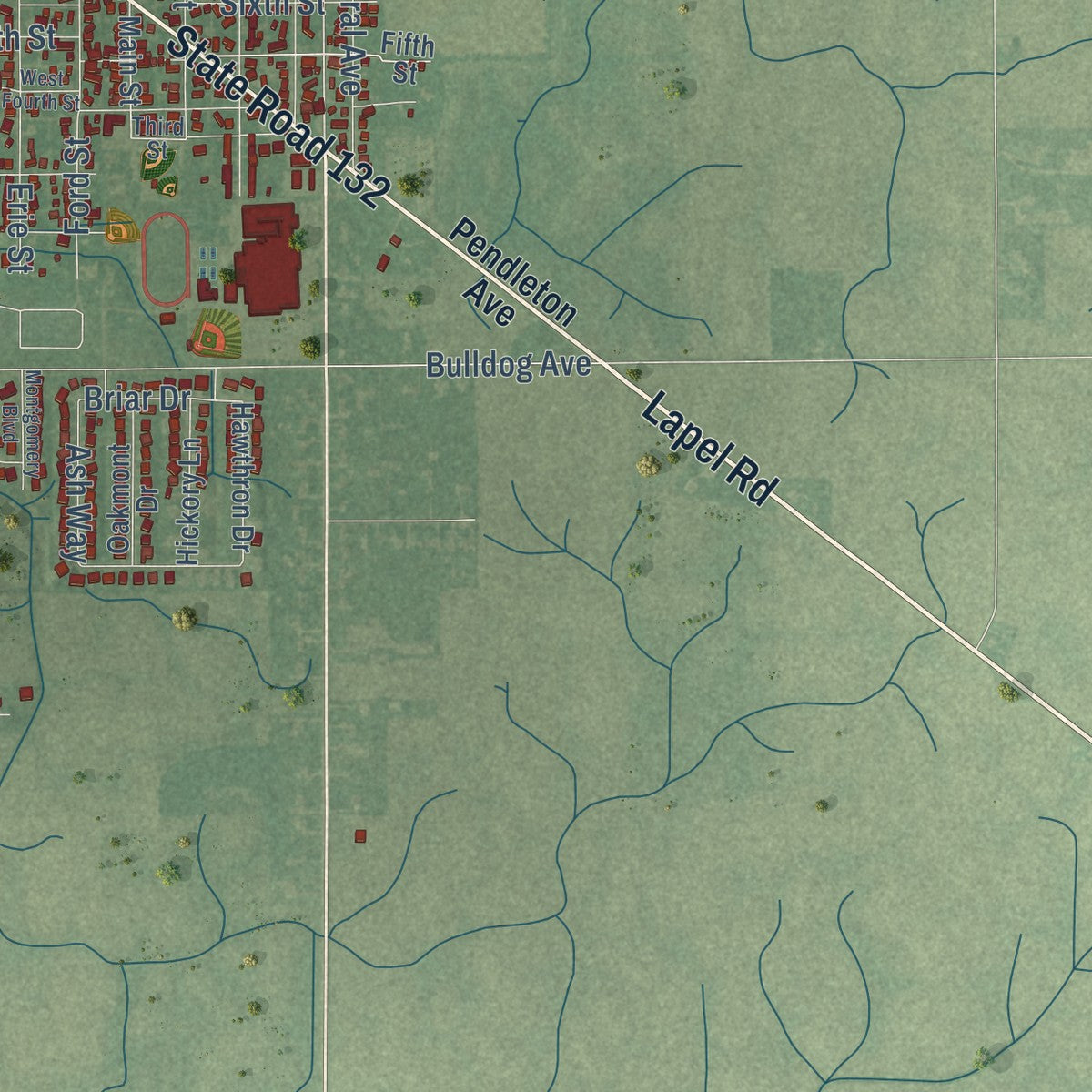 Second close-up of the map of Lapel, Indiana print showing more streets and buildings
