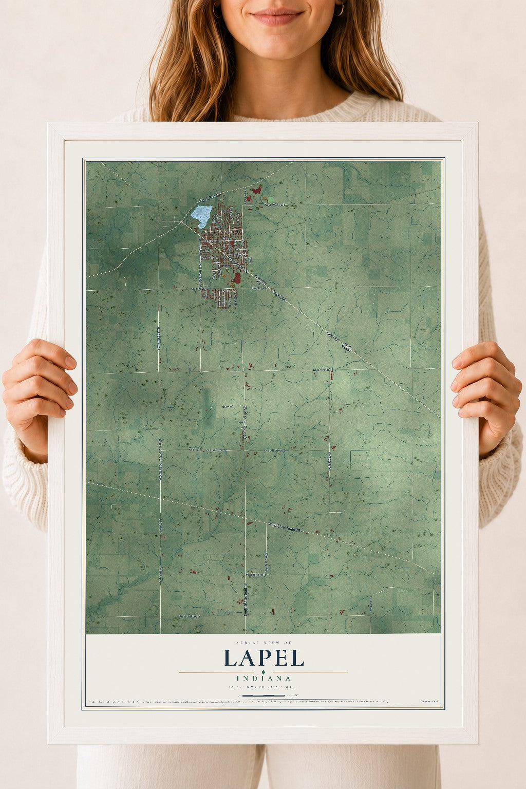 Map of Lapel, Indiana, 18 x 24 inch print in a white wood frame