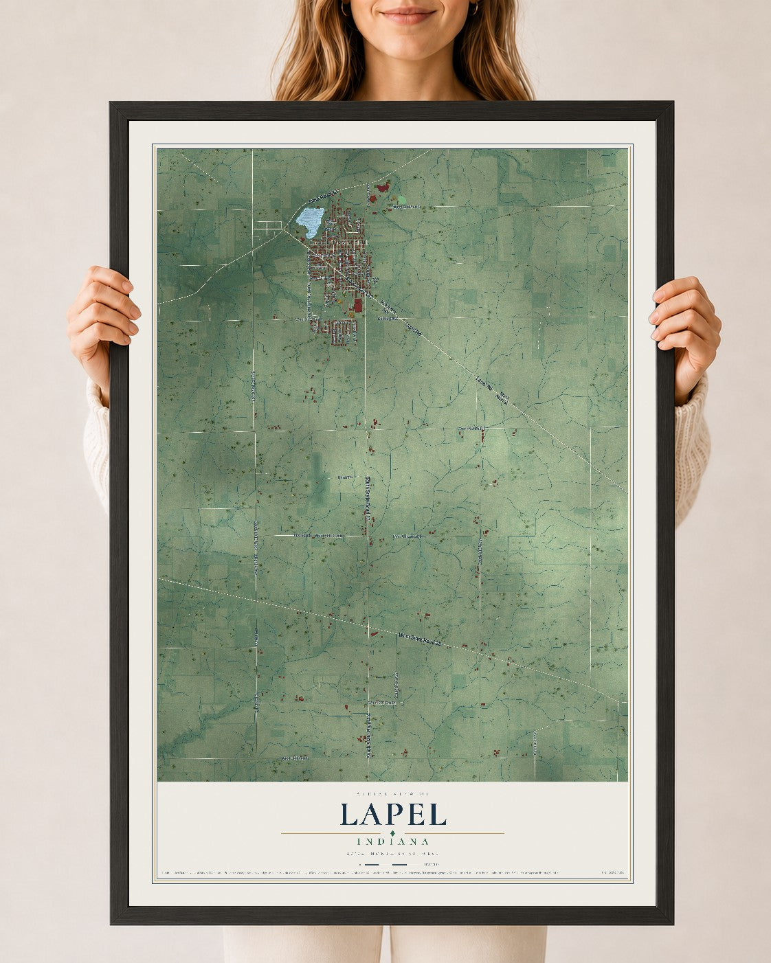 Map of Lapel, Indiana, 24 x 36 inch print in a black wood frame
