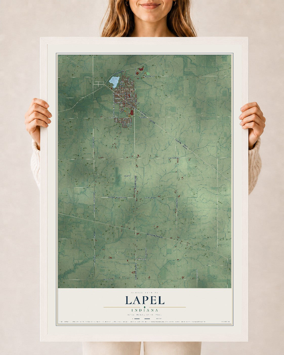 Map of Lapel, Indiana, 24 x 36 inch print in a white wood frame