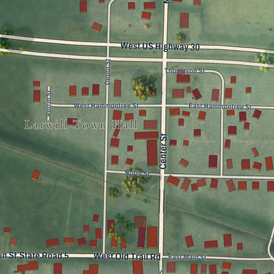 Close-up of the map of Larwill, Indiana print showing street and building detail