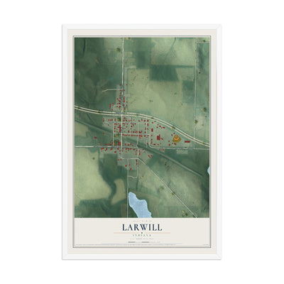 Map of Larwill, Indiana, 12 x 18 inch print in a white wood frame