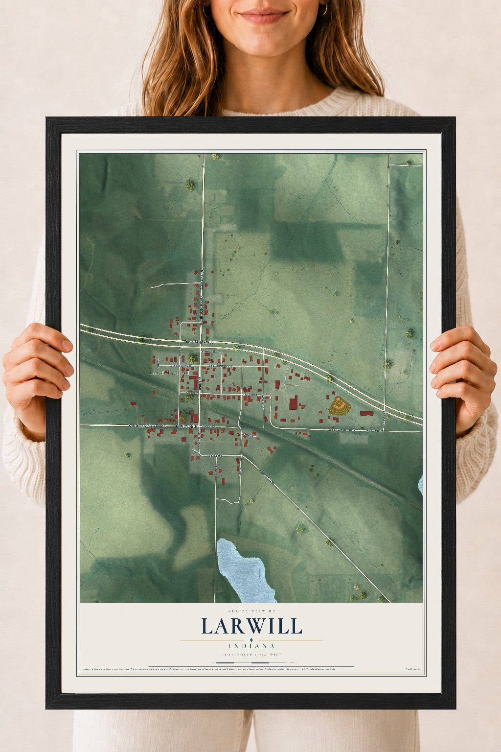 Map of Larwill, Indiana, 18 x 24 inch print in a black wood frame