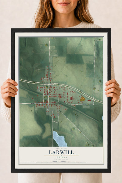 Map of Larwill, Indiana, 18 x 24 inch print in a black wood frame