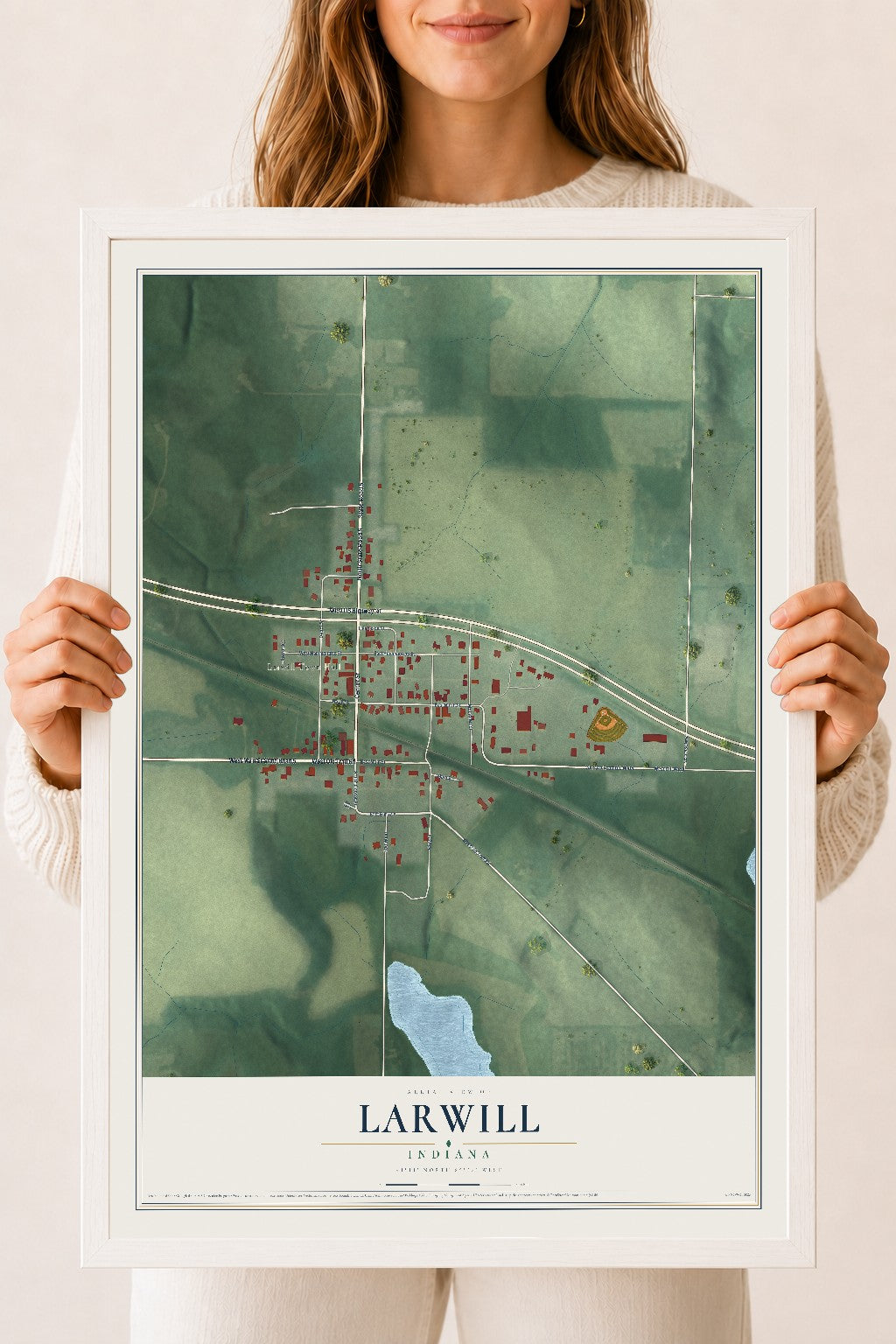 Map of Larwill, Indiana, 18 x 24 inch print in a white wood frame