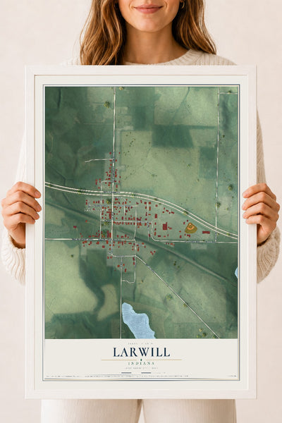 Map of Larwill, Indiana, 18 x 24 inch print in a white wood frame