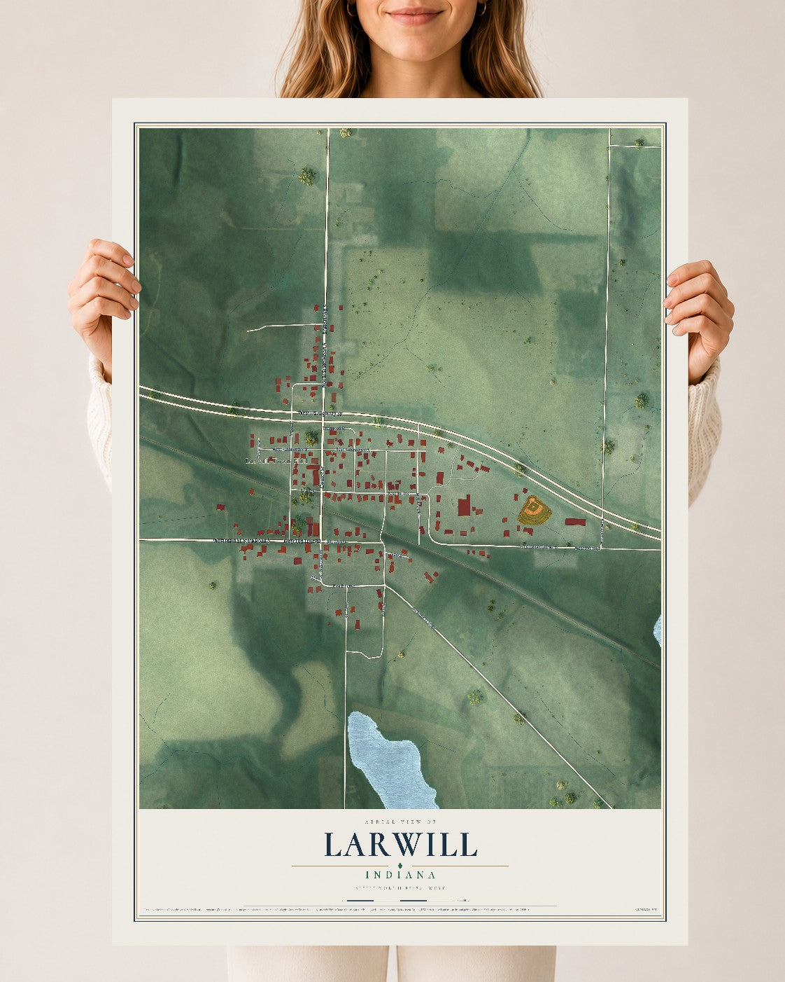 Map of Larwill, Indiana, 24 x 36 inch unframed archival matte print