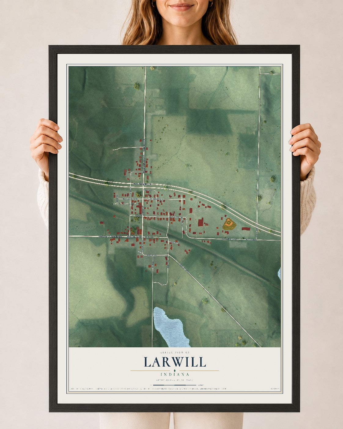 Map of Larwill, Indiana, 24 x 36 inch print in a black wood frame