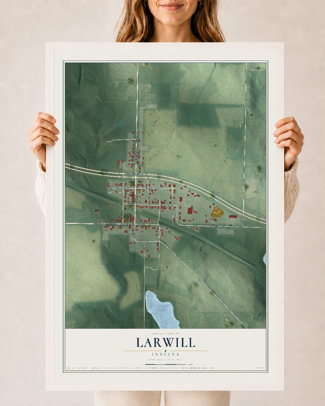 Map of Larwill, Indiana, 24 x 36 inch print in a white wood frame