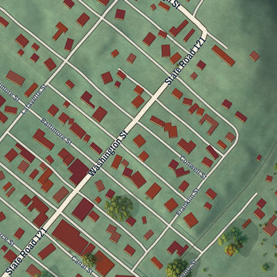 Close-up of the map of Laurel, Indiana print showing street and building detail