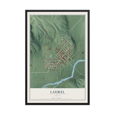 Map of Laurel, Indiana, 12 x 18 inch print in a black wood frame