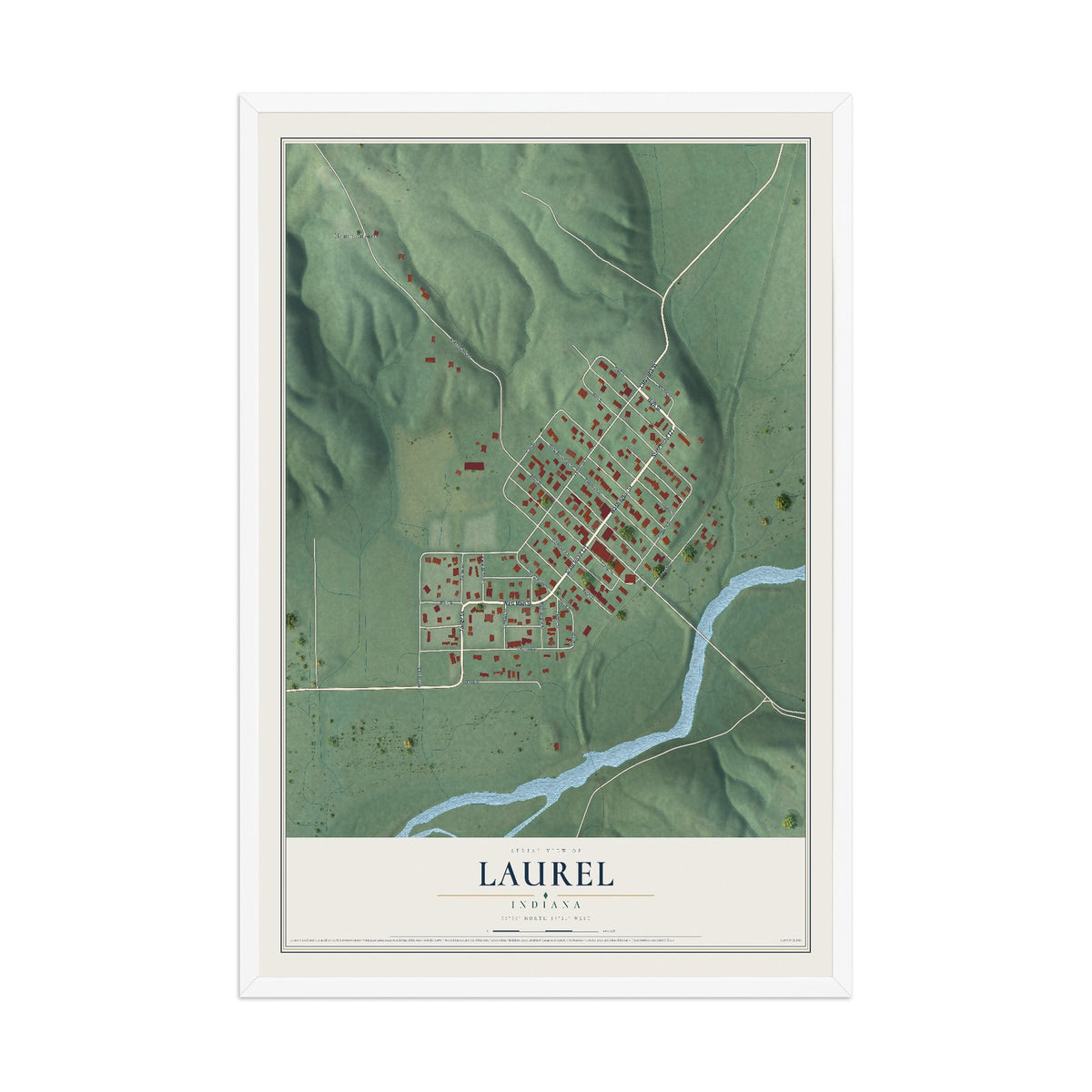 Map of Laurel, Indiana, 12 x 18 inch print in a white wood frame