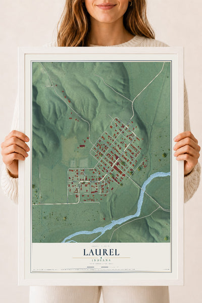 Map of Laurel, Indiana, 18 x 24 inch print in a white wood frame