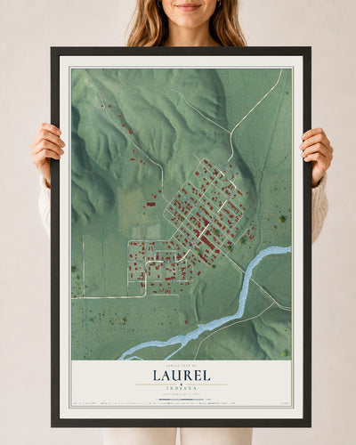 Map of Laurel, Indiana, 24 x 36 inch print in a black wood frame