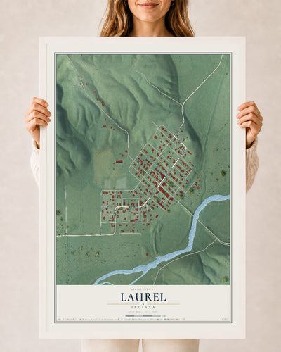 Map of Laurel, Indiana, 24 x 36 inch print in a white wood frame