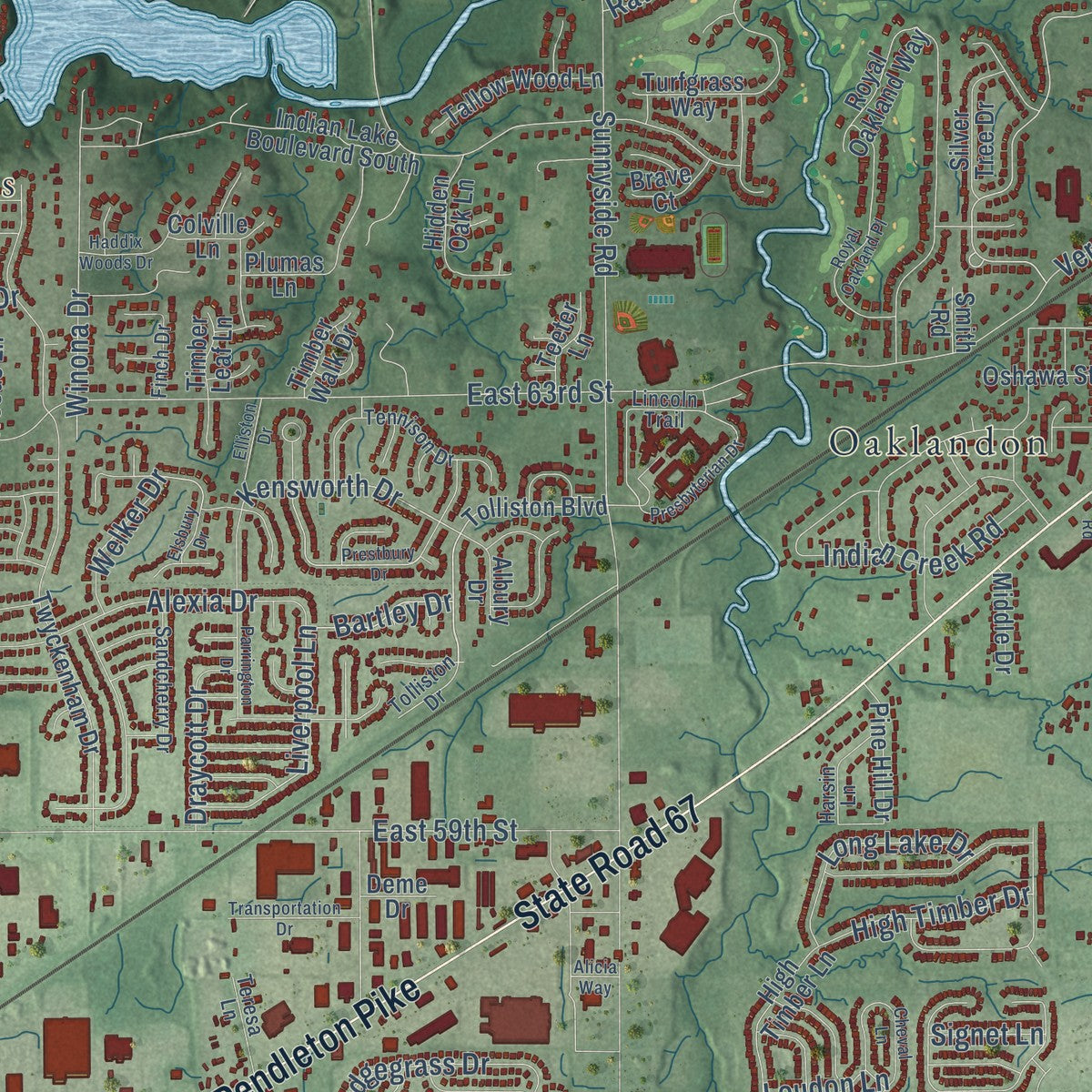 Close-up of the map of Lawrence, Indiana print showing street and building detail