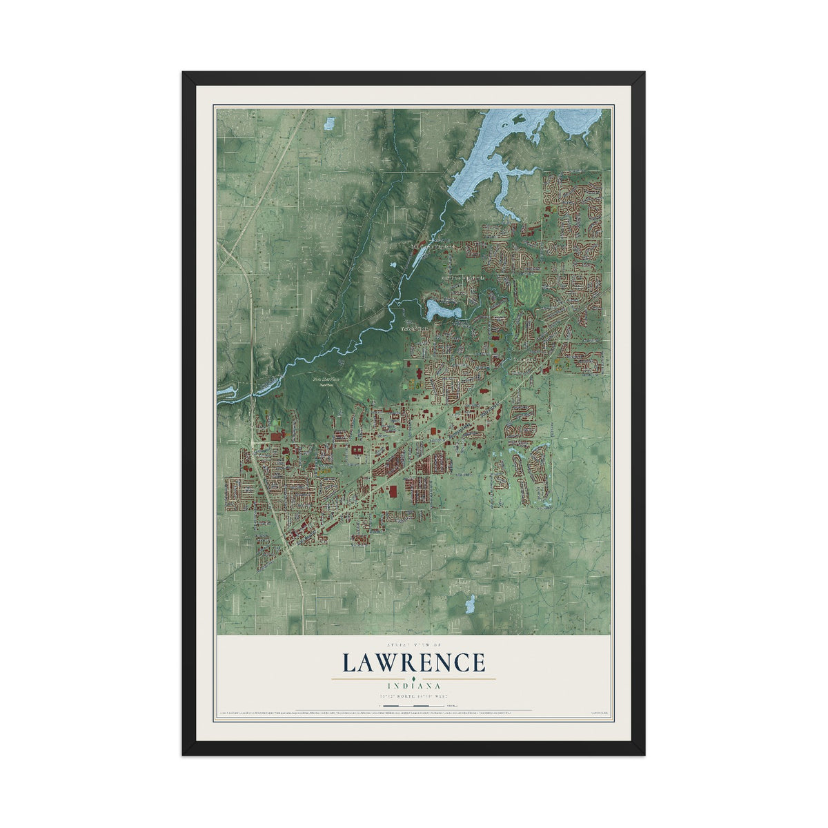 Map of Lawrence, Indiana, 12 x 18 inch print in a black wood frame