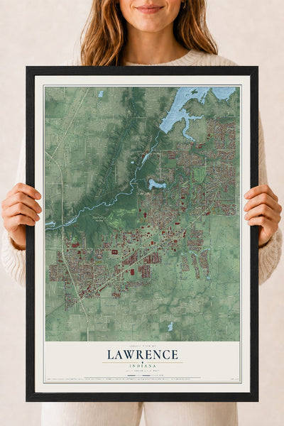 Map of Lawrence, Indiana, 18 x 24 inch print in a black wood frame