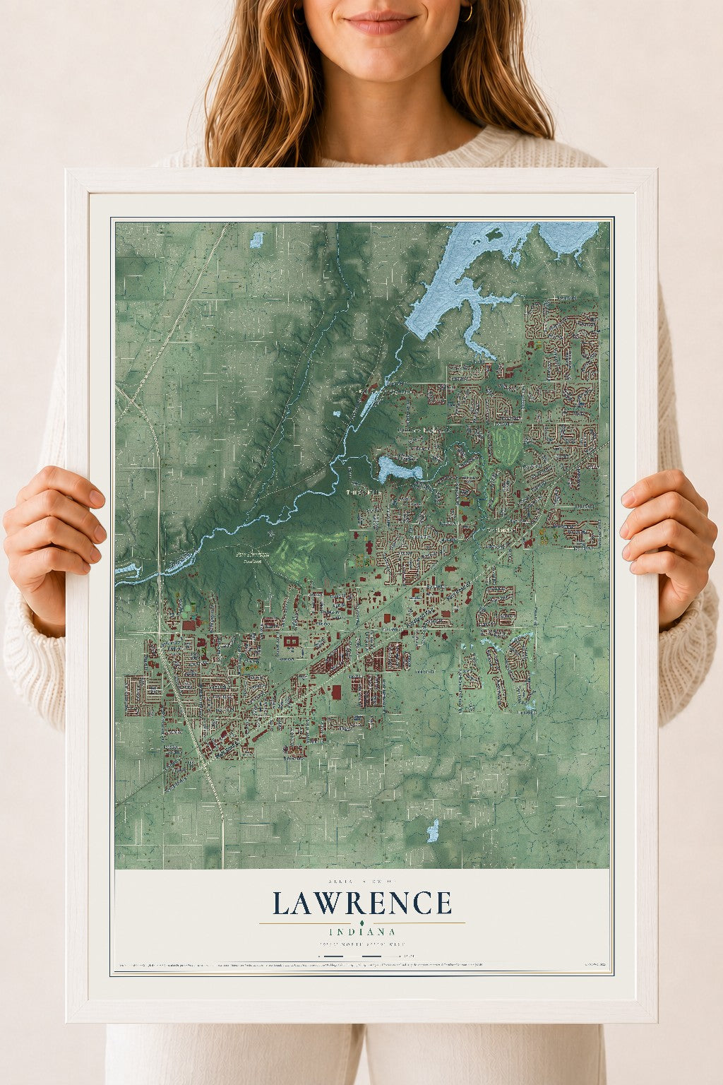 Map of Lawrence, Indiana, 18 x 24 inch print in a white wood frame