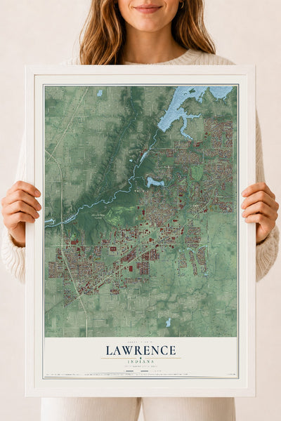 Map of Lawrence, Indiana, 18 x 24 inch print in a white wood frame